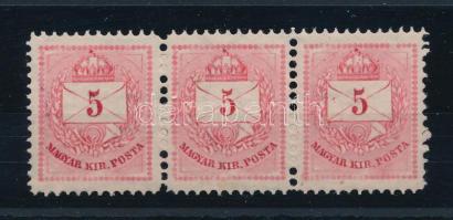 1881 5kr I. típus 11 1/2 fogazással közel centrált hármascsík, festékfoltokkal, POSTATISZTA, luxus m...