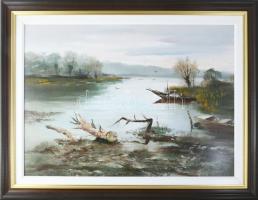 Reinhardt István (1936-): Derengés. Olaj, farost, jelzett. Dekoratív fakeretben, 50x70 cm