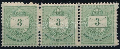 1881 3kr I. típus 11 1/2 fogazású hármascsík, festékfoltokkal, POSTATISZTA, néhány fog elvált, ezt leszámítva luxus minőségben (some aparted perfs)