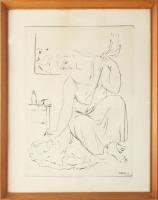 Borsos Miklós (1906-1990): Anya gyermekével. Hidegtű, papír, jelzett, üvegezett fakeretben, lapszéli kisebb ázásnyommal, 40x29,5 cm