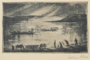 Szőnyi István (1894-1960): Dunakanyar. Rézkarc, papír, jelzett. Dekoratív, üvegezett, kissé sérült fakeretben, 9×14,5 cm
