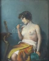 Kümmerle Pál (1873-1944): Női akt. Olaj, karton. Jelezve jobbra lent. Dekoratív, üvegezett, kissé sérült fakeretben. 22x18 cm
