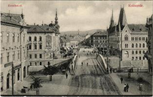 Kolozsvár, Cluj; Erzsébet út, Hitelszövetkezet, üzletek, híd. Schuster Emil kiadása / bank, shops, bridge (ragasztónyomok / glue marks)