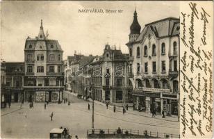 1916 Nagyvárad, Oradea; Bémer tér, Markovits és Weinberger angol és francia női szabóság, drogéria, Általános képviseleti bank, biztosítási iroda, Duna biztosító, Erdős és Grünfeld áruháza, perzsa szőnyegek kiárusítása, Dénes B. Béla, Koch Testvérek üzlete, fogorvosi rendelő / square, shops, drugstore, bank, insurance company, Persian carpet store, dentist (EM)