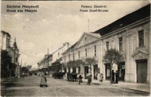 1915 Pöstyén, Piestany; Ferenc József út, üzletek. Grosz H. kiadása / street, shops (fa)