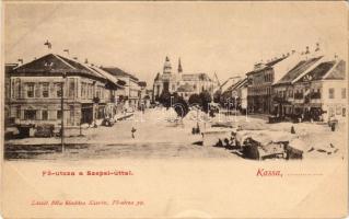 Kassa, Kosice; Fő utca, Szepsi út, üzletek, piac. László Béla kiadása / street, shops, market (gyűrődések / creases)