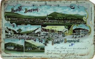 1903 Berezó, Brezová pod Bradlom; Rinok, Vyse rinku, Ev. Skola, Saroven, Stanica. Kunstanstalt Karl Schwidernoch / látkép, tér, iskola, vasútállomás view, square, school, railway station. Art Nouveau, floral, litho (b)