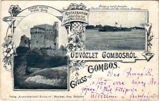 1899 Gombos, Bogoja, Bogojevo; Erdődi várrom, Komp a nyílt Dunán. Szecessziós-virágos keret. Kunstanstalt Kosmos / Erdődi-Burg, Überfuhr-Plätte auf der offenen Donau / castle ruins in Erdut, steam ferry. Art Nouveau, floral (lyukak / pinholes)