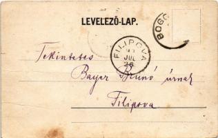 1899 Gombos, Bogoja, Bogojevo; Erdődi várrom, Komp a nyílt Dunán. Szecessziós-virágos keret. Kunstan...