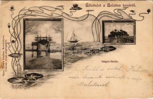 1901 Keszthely, Üdvözlet a Balaton taváról. Szigetfürdő vízáradásnál. Mérei Ignác kiadása, Art Nouve...