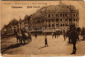 Temesvár, Timisoara; Ferenc József út, Lloyd palota, lovaskocsi / Sirul Lloyd / street view, palace, horse-drawn carriage (vágott / cut)
