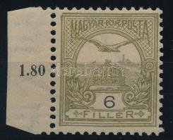 1900 Turul zöldesolaj 6f postatiszta ívszéli bélyeg, luxus minőségben