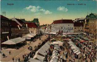 Zagreb, Zágráb; Jellasics tér, piac, Dr. Eugen Rado fogorvos rendelője, üzletek. Vasúti levelezőlapá...
