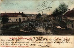 1905 Mezőberény, Piactér és Nagy utca, gyógyszertár, üzletek. Piltz Márton kiadása (fl)