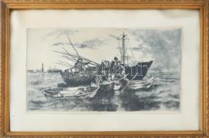Olvashatatlan jelzéssel: Halászok. Rézkarc, papír, körbevágva, üvegezett fakeretben. 22,5x38,5 cm