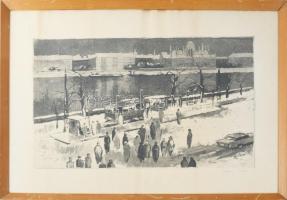 Kórusz József (1927-2010): Villamos végállomás a Margit hídnál, 1967. Rézkarc, papír, jelzett. Üvegezett fakeretben, 29x49 cm