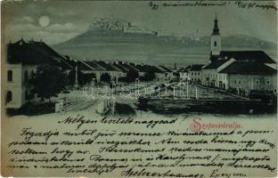 1898 Szepesváralja, Spisské Podhradie; Fő tér és vár este holdfényben / main square and castle at night in moonlight + "KASSA - BUDAPEST 10. SZ." vasúti mozgóposta bélyegző (r)