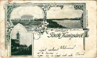 1901 Törökkanizsa, Nova Kanjiza, Novi Knezevac; közkórház, hajóhíd, Fő utca, római katolikus templom. Schwarz Antal kiadása / hospital, pontoon bridge, street, Roman Catholic church. Art Nouveau, floral (vágott / cut)