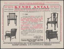 1933 Bp., Kendi Antal műipari lakásberendező, bőrbútor és kárpitosipar reklámlap, kétoldalas, 23,5x31 cm