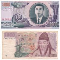 Dél-Korea 1983-2007 (DN) 1000W + Észak-Korea 2002. 5000W T:UNC-F South Korea 1983-2007 (ND) 1000 Won + North Korea 2002. 5000 Won C:UNC-F Krause P#47, P#46