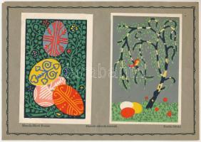 Húsvéti üdvözlőkártyák - 2 db RÉGI művészlap: az Iparművészeti Iskola képeslaptervei papírlapra ragasztva / 2 pre-1945 Hungarian Easter postcard designs on a paper s: Motolla-Mottl Román, Somfai István (sérült papír / damaged paper)