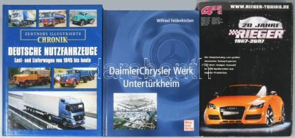 Vegyes autókkal kapcsolatos tétel, 3 db:   Wilfried Feldenkirchen: DaimlerChrysler Werk Untertürkheim. Stuttgart, 2004, Motorbuch Verlag. Német nyelven. Gazdag képanyaggal illusztrált. Kiadói kartonált papírkötés.;   2007 20 Jahre Rieger 1987-2007. Német nyelven. Gazdag képanyaggal illusztrált. Kiadói papírkötés, kopott borítóval.;  Deutsche Nutzfahrzeuge. Last- und Lieferwagen von 1945 bis heute. Zentners Illusrierte Chronik. St. Gallen, 2008, Otus Verlag. Német nyelven. Gazdag képanyaggal illusztrált. Kiadói papírkötés.;