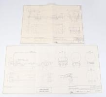 Walter Studer: 2 db modellvasút terv (Schweizer Bundes-Bahnen Eichwagen; Deutsche Bundesbachn Kesselwagen), 1 : 1 méretarány, 29x41,5 cm és 30x59 cm