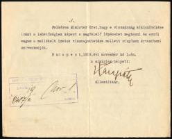 1919 Bp., Karafiáth Jenő (1883-1952) belügyi államtitkár, későbbi miniszter, Budapest főpolgármesterének gépelt levele Pekár Gyula tárca nélküli miniszterhez, aláírásával