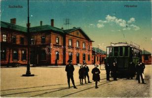 1918 Szabadka, Subotica; Pályaudvar, vasútállomás, villamos. Vasúti levelezőlapárusítás 110. sz. 191...