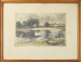 Elekfy Jenő (1895-1968): Horgász. Színezett rézkarc, papír, jelzett, lapszéli apró folttal, üvegezett fakeretben, 23x33 cm