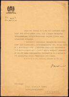 1943 Bp., Báró Bánffy Dániel (1893-1955) földművelésügyi miniszter aláírása hivatalos levélen