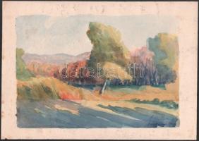 Einczinger Ferenc (1879-1950): Színes táj (Esztergom környéke?), 1924. Akvarell, papír, jelzett. Kétoldalas mű, hátoldalán női portré. 24,5x35 cm