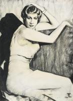 Einczinger Ferenc (1879-1950): Art deco hölgy portréja, 1933. Szén, papír, jelzett. 42x31 cm