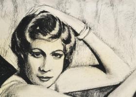 Einczinger Ferenc (1879-1950): Art deco hölgy portréja, 1933. Szén, papír, jelzett. 42x31 cm
