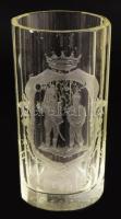 1894 Fazettált emlékpohár a Huszár Család címerével csiszolva, kis pattogzással, m: 15 cm /// 1894: ...