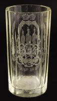 1894 Fazettált emlékpohár a Huszár Család címerével csiszolva, kis pattogzással, m: 15 cm /// 1894: ...