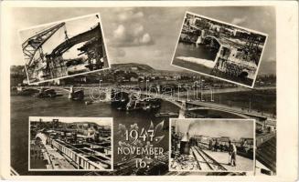 1947 Budapest, Margit híd újjáépítésének emlékére, munkások, daru (EK)