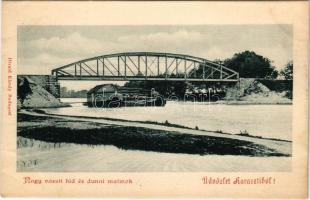 Dunaharaszti, Haraszti; Nagy vasúti híd és dunai malmok, úszó hajómalom. Divald Károly kiadása / flo...