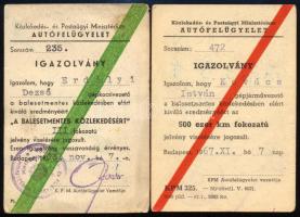 1963-1967 "Balesetmentes közlekedésért" III. fokozat, illetve "500 ezer km balesetmentesen" jelvény viselési igazolványok, 2 db