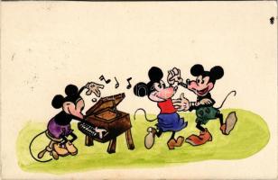 1939 Mickey egerek táncolnak, zongoráznak, egyedi kézzel festett művészlap / Mickey mouses dancing a...