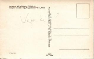 Neszményi Vera, 100m női síkfutás. Célbaérés. Képzőművészeti Alap Kiadóvállalat / Hungarian athlete,...