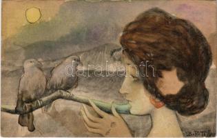 Lady with birds art postcard s: B. Patella (vágott / cut)