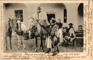 1902 Hortobágy, "Isten veled pajtás" csikósok, magyar folklór. Kiss Ferenc kiadása eredeti...