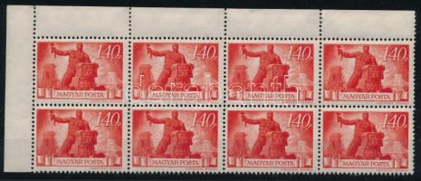 1945 Újjáépítés 140P ívsarki 8-as tömb lemezhibával / Mi 829 corner block of 8 with plate variety