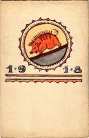 1918 Kézzel festett újévi üdvözlőlap malaccal / hand-painted New Year greeting art postcard with pig...