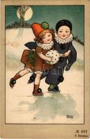 Children art postcard, ice skating, folklore. B. Dondorf, Dessins No. 487. s: Florence Hardy (fl)