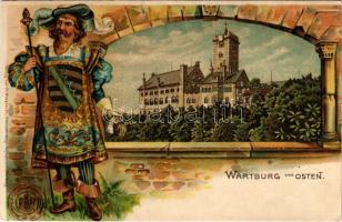 Eisenach, Wartburg von Osten. Fr. Wieprecht / castle, coat of arms. Art Nouveau, Emb. litho (cut)