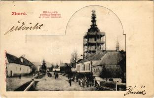 1905 Zboró, Zborov; Rákóczi-féle plébániatemplom (felújítás alatt), állami iskola. Divald Adolf 150....