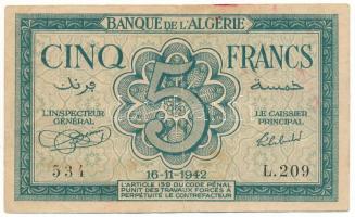 Algéria / Szövetséges megszállás 1942. 5Fr "L. 209 534" T:F foltos Algeria / Allied occupation 1942. 5 Francs "L. 209 534" C:F spotted Krause 91.