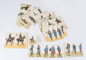 Különféle egyenruhákat bemutató kivágások, francia nyelven feliratozva, 21 db